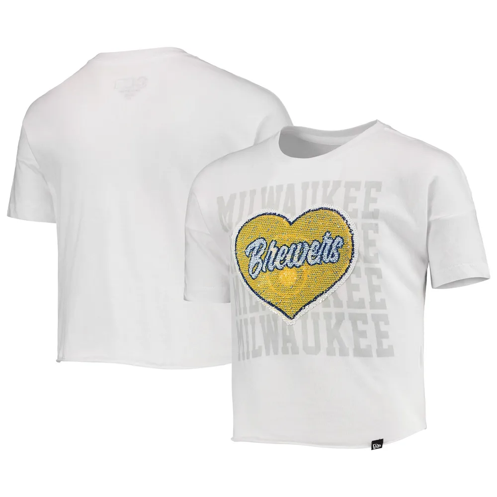 Girls Youth New Era White Chicago Cubs Flip Sequin Heart Crop Top