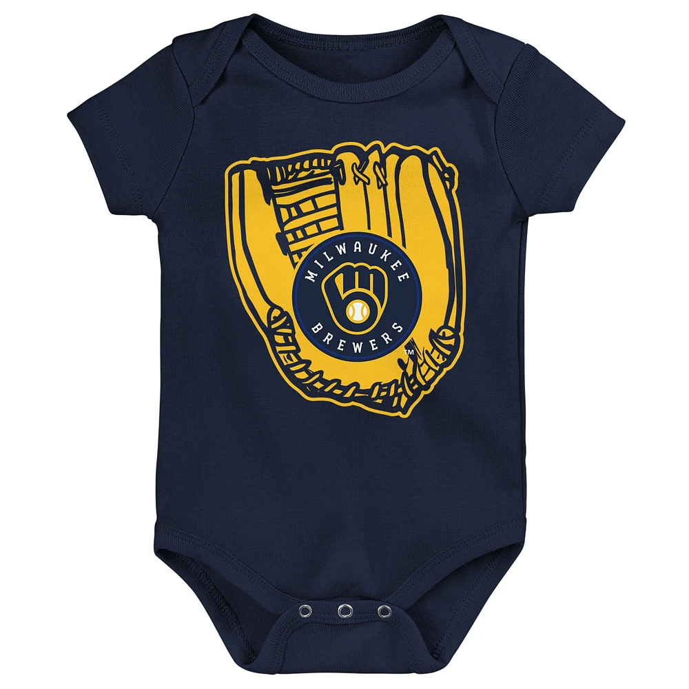 Ensemble de trois bodys joueur ligue mineure des Milwaukee Brewers dorés/bleu marine/blancs pour bébé