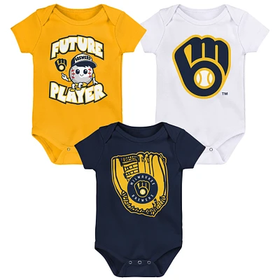 Ensemble de trois bodys joueur ligue mineure des Milwaukee Brewers dorés/bleu marine/blancs pour bébé