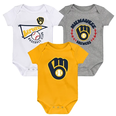 Infant Gold/White/Heather Gray Milwaukee Brewers Biggest Little Fan 3-Pack Bodysuit Set