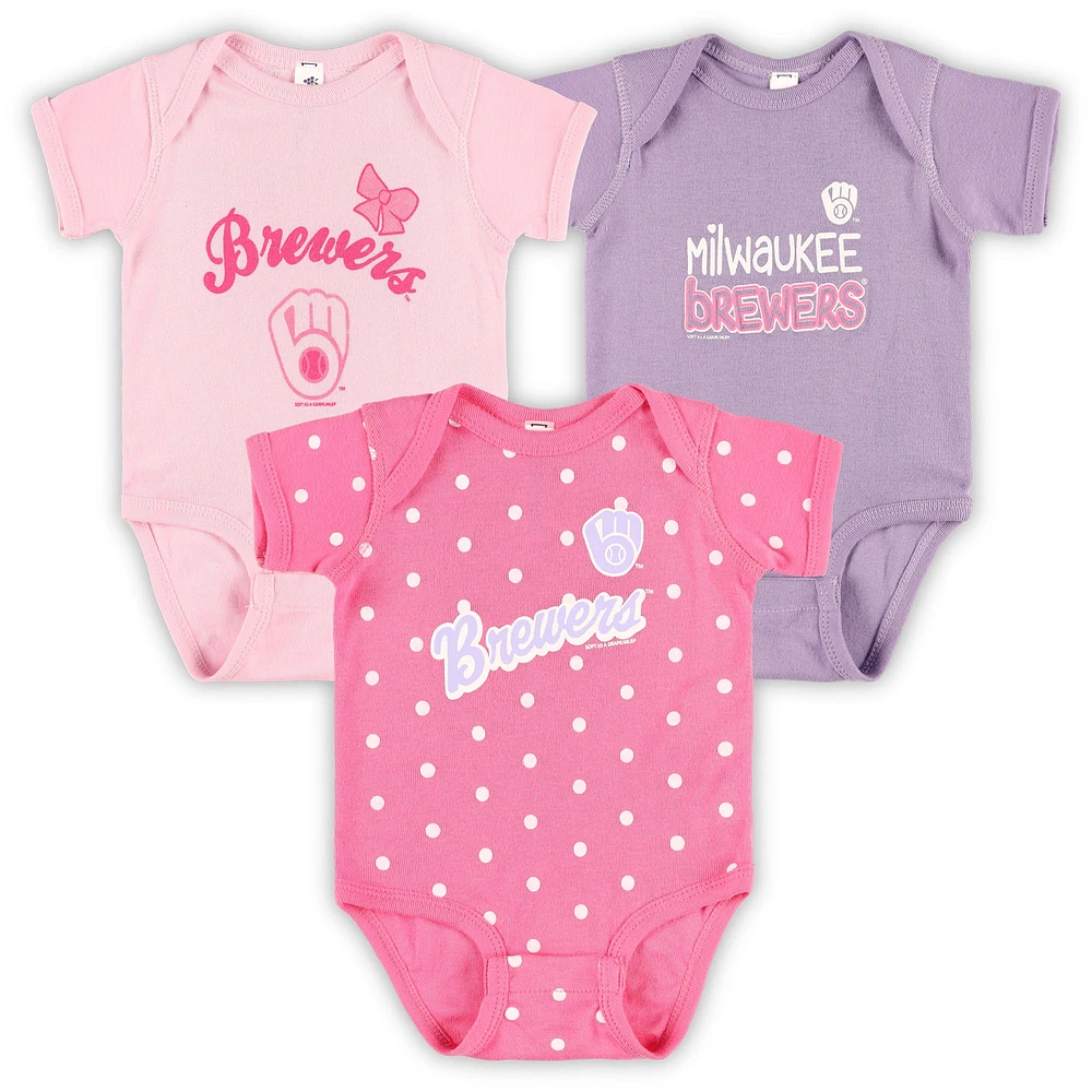 Infant Soft as a Grape Pink/Purple Milwaukee Brewers Rookie Creeper 3-Pack