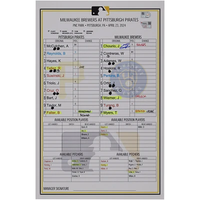 Jackson Chourio Milwaukee Brewers Autographed Game-Used Lineup Card vs. Pittsburgh Pirates on April 23, 2024