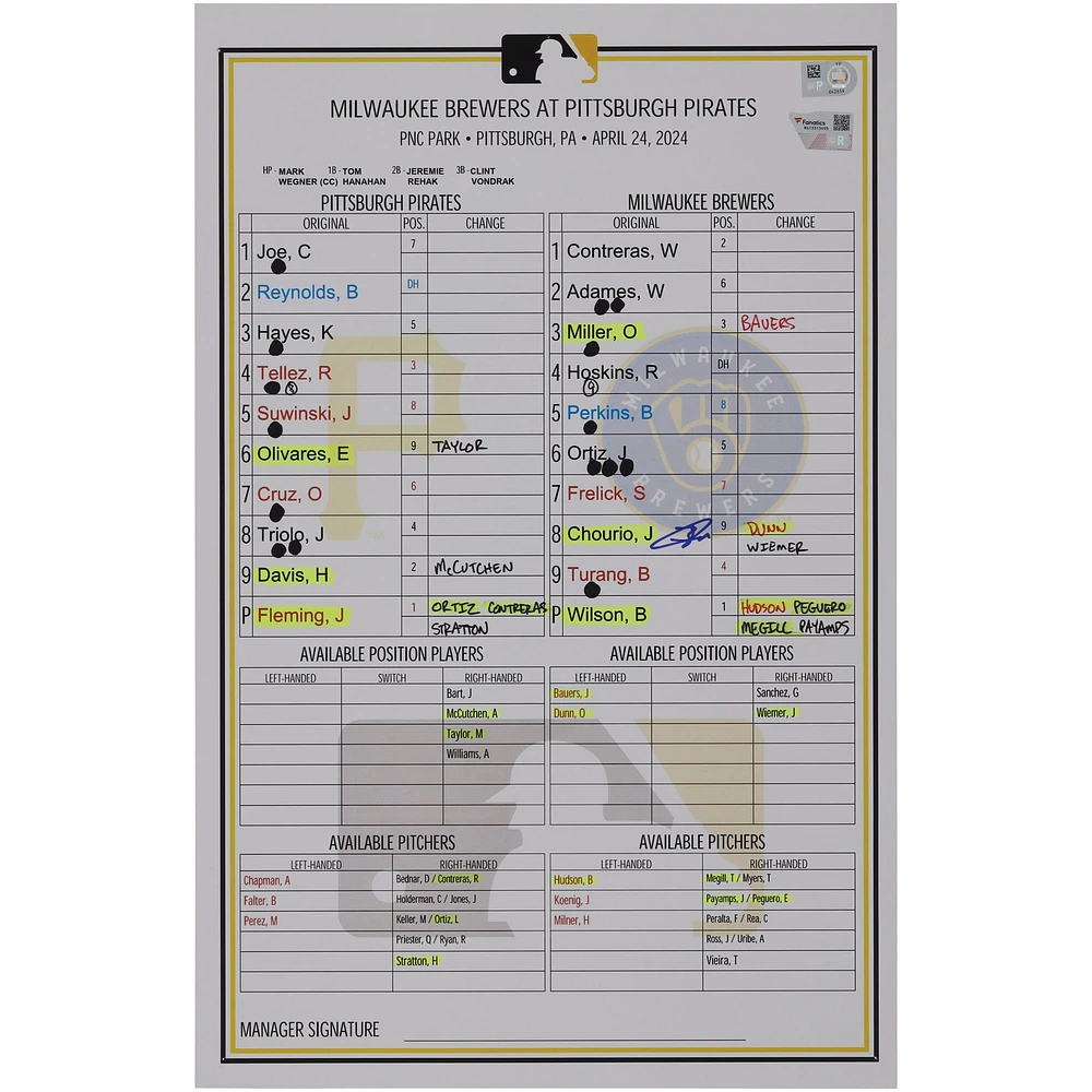 Jackson Chourio Milwaukee Brewers Autographed Game-Used Lineup Card vs. Pittsburgh Pirates on April 24, 2024