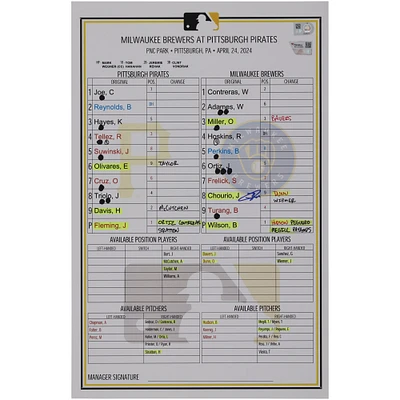 Jackson Chourio Milwaukee Brewers Autographed Game-Used Lineup Card vs. Pittsburgh Pirates on April 24, 2024