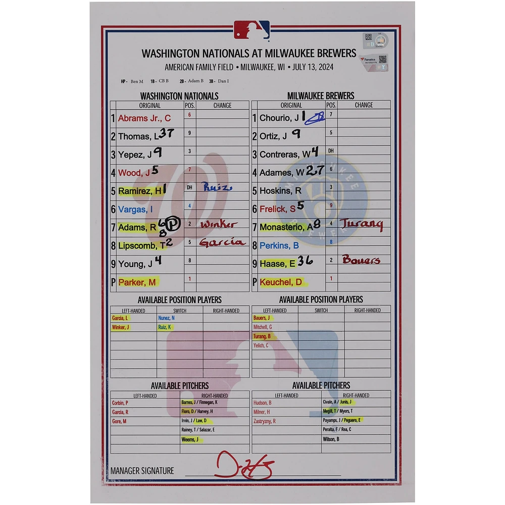 Jackson Chourio Milwaukee Brewers Autographed Game-Used Lineup Card vs. Washington Nationals on July 13, 2024
