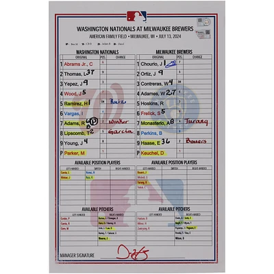 Jackson Chourio Milwaukee Brewers Autographed Game-Used Lineup Card vs. Washington Nationals on July 13, 2024