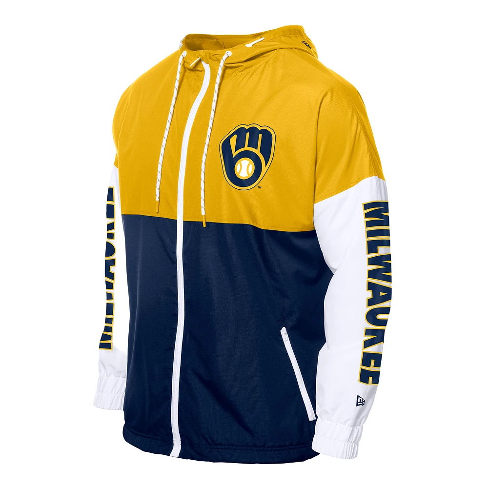 Coupe-vent à capuche entièrement zippé New Era bleu marine/or Milwaukee Brewers pour homme