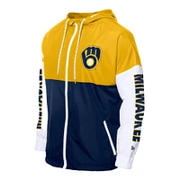 Coupe-vent à capuche entièrement zippé New Era bleu marine/or Milwaukee Brewers pour homme