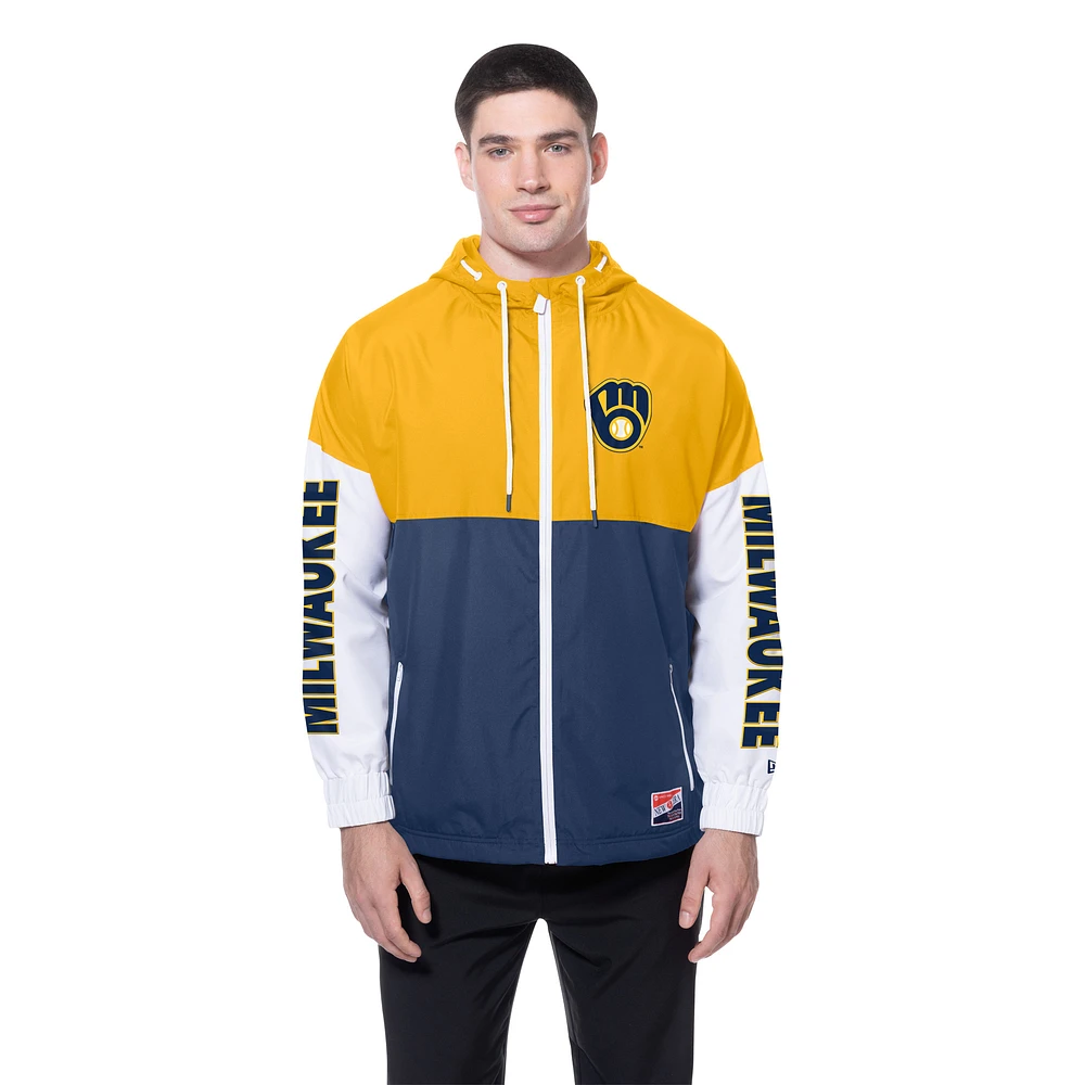 Coupe-vent à capuche entièrement zippé New Era bleu marine/or Milwaukee Brewers pour homme