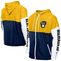 Coupe-vent à capuche entièrement zippé New Era bleu marine/or Milwaukee Brewers pour homme
