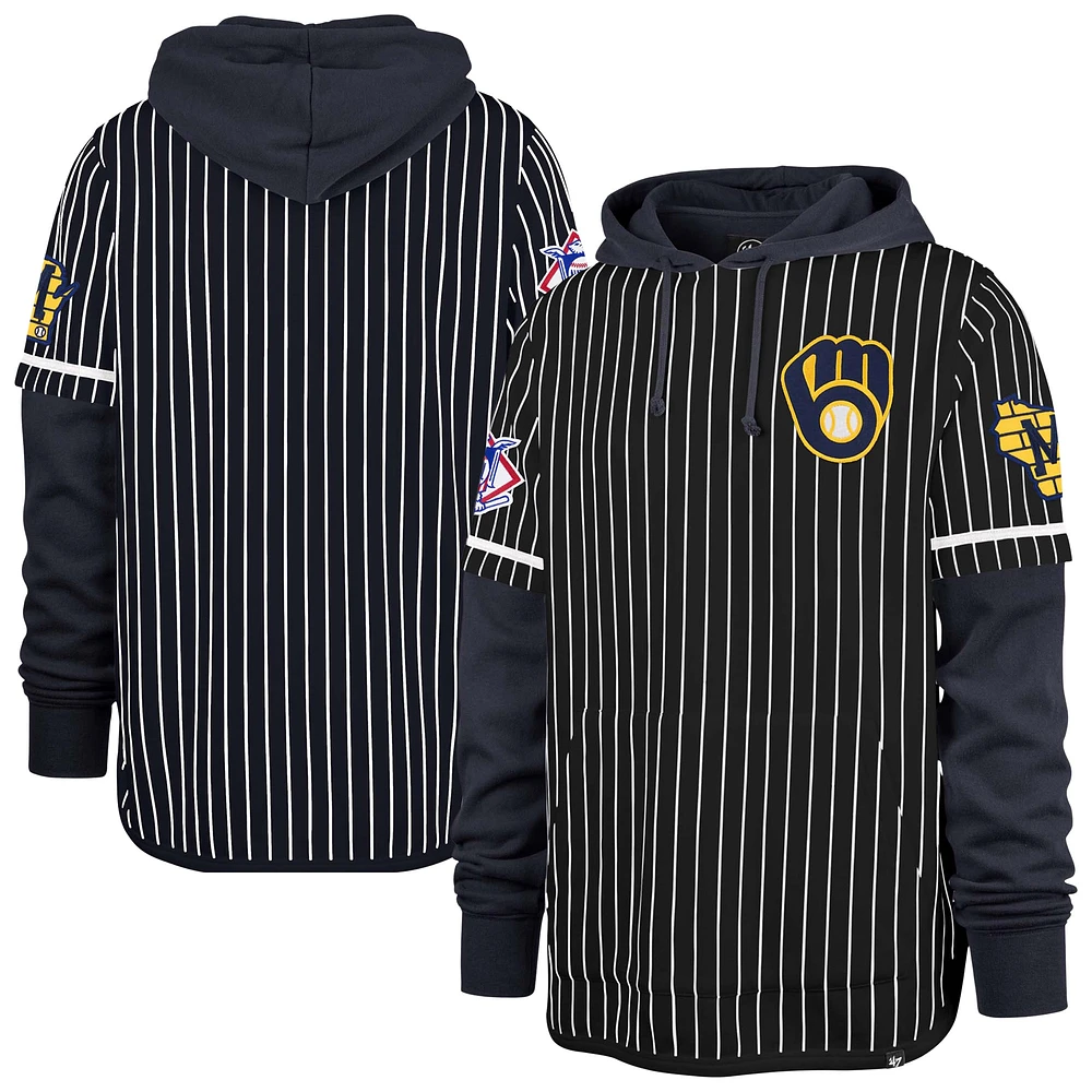 Men's '47  Navy Milwaukee Brewers Pinstripe Double Header Pullover Hoodie