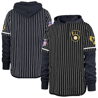 Men's '47  Navy Milwaukee Brewers Pinstripe Double Header Pullover Hoodie