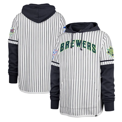 Men's '47 White Milwaukee Brewers Pinstripe Double Header Pullover Hoodie