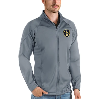 Veste de golf entièrement zippée Milwaukee Brewers Links pour homme en gris Antigua