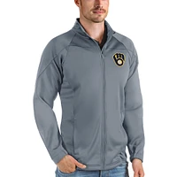 Veste de golf entièrement zippée Milwaukee Brewers Links pour homme en gris Antigua
