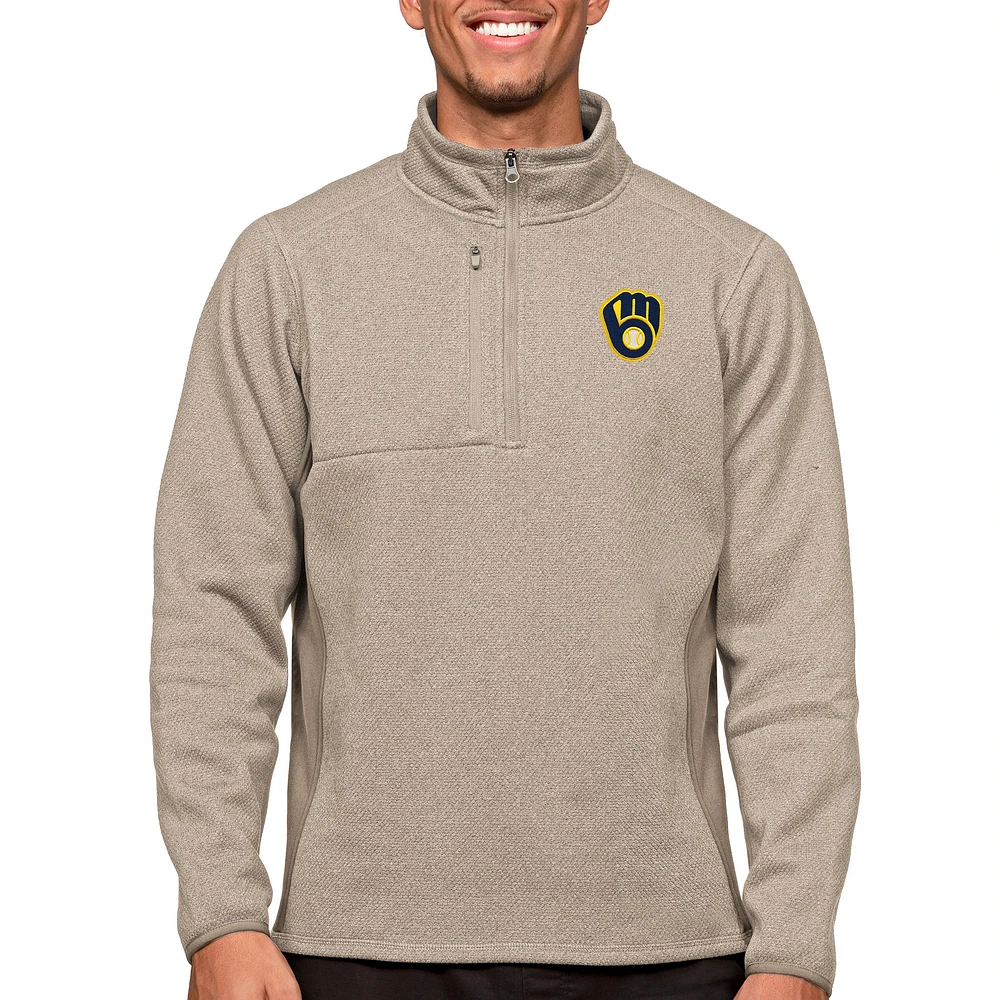 Pull à enfiler quart de zip pour homme, motif Antigua Oatmeal Milwaukee Brewers