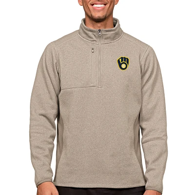 Pull à enfiler quart de zip pour homme, motif Antigua Oatmeal Milwaukee Brewers