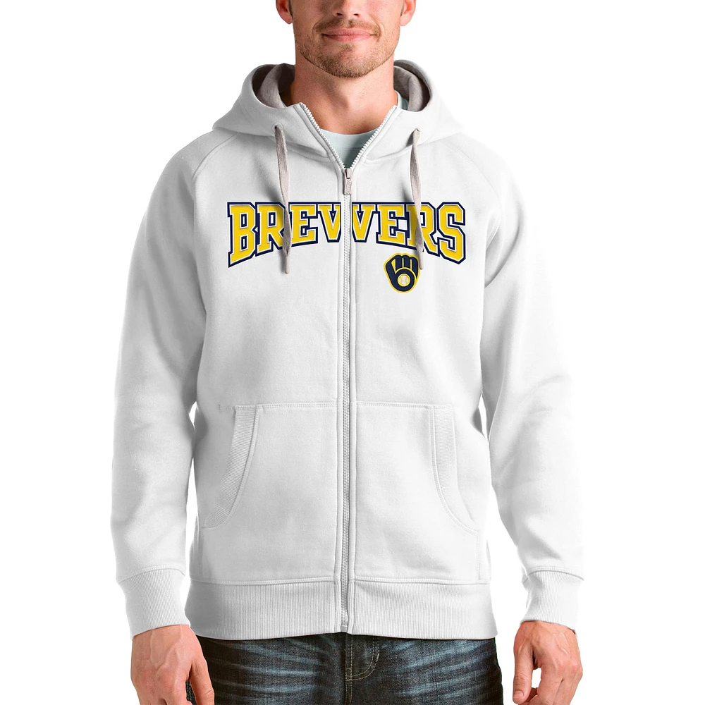 Sweat à capuche zippé intégral Antigua White Milwaukee Brewers avec logo Victory pour homme