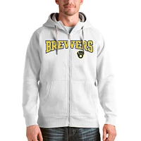 Sweat à capuche zippé intégral Antigua White Milwaukee Brewers avec logo Victory pour homme
