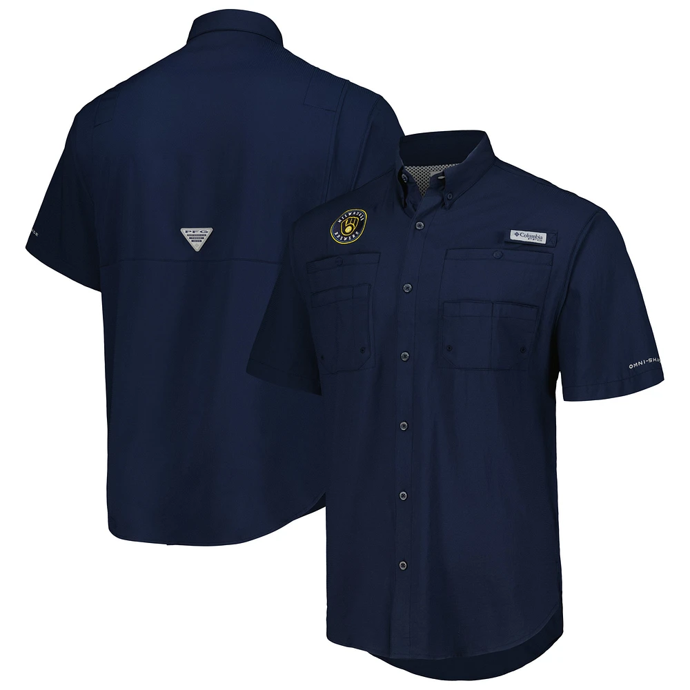 Men's Columbia Navy Milwaukee Brewers Tamiami Omni-Shade Button-Down Shirt