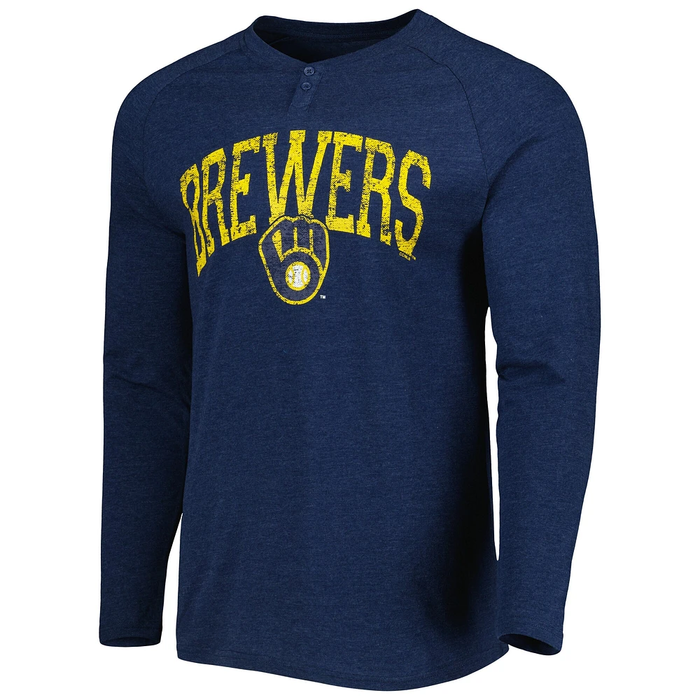 T-shirt Henley à manches longues et raglan pour homme Concepts Sport Heather Navy Milwaukee Brewers Inertia