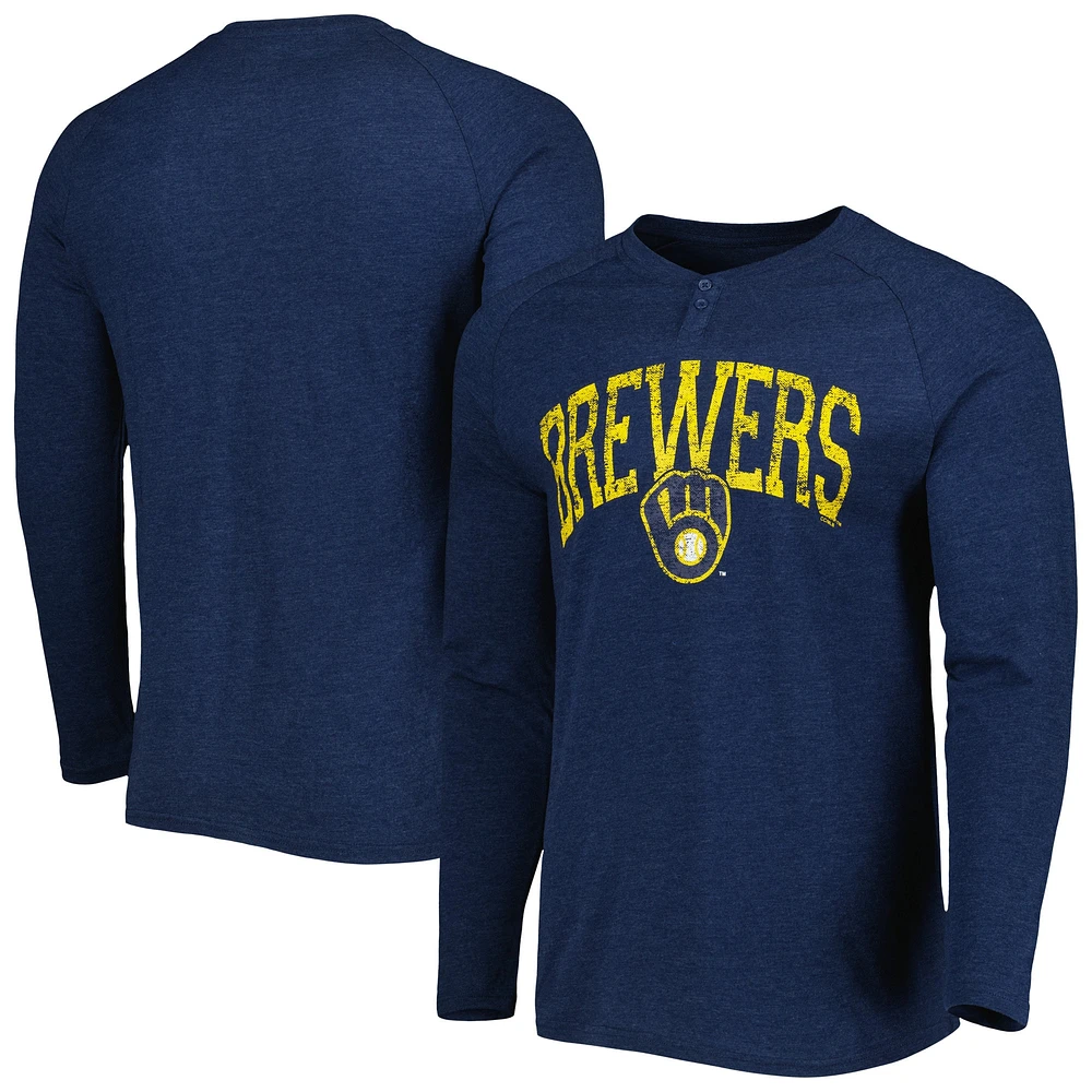 T-shirt Henley à manches longues et raglan pour homme Concepts Sport Heather Navy Milwaukee Brewers Inertia