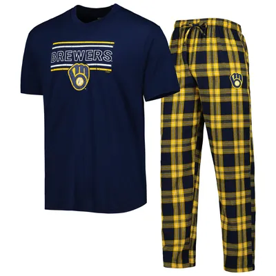 Milwaukee Brewers Concepts Sport Badge T-Shirt & Pants Sleep Set - Navy/Gold