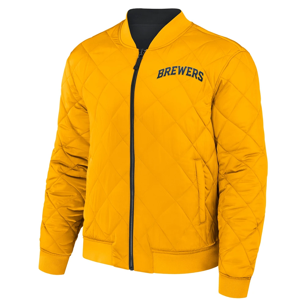 Collection Darius Rucker pour hommes par Fanatics - Blouson aviateur réversible à fermeture éclair intégrale noir/or des Milwaukee Brewers