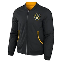 Collection Darius Rucker pour hommes par Fanatics - Blouson aviateur réversible à fermeture éclair intégrale noir/or des Milwaukee Brewers