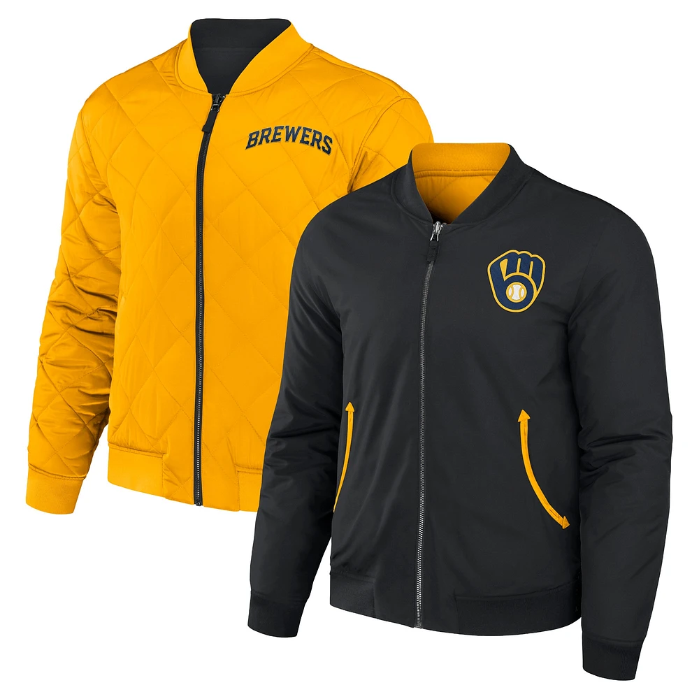 Collection Darius Rucker pour hommes par Fanatics - Blouson aviateur réversible à fermeture éclair intégrale noir/or des Milwaukee Brewers