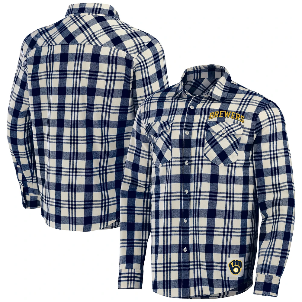 Chemise boutonnée en flanelle à carreaux des Milwaukee Brewers de la collection Darius Rucker par Fanatics pour hommes, bleu marine