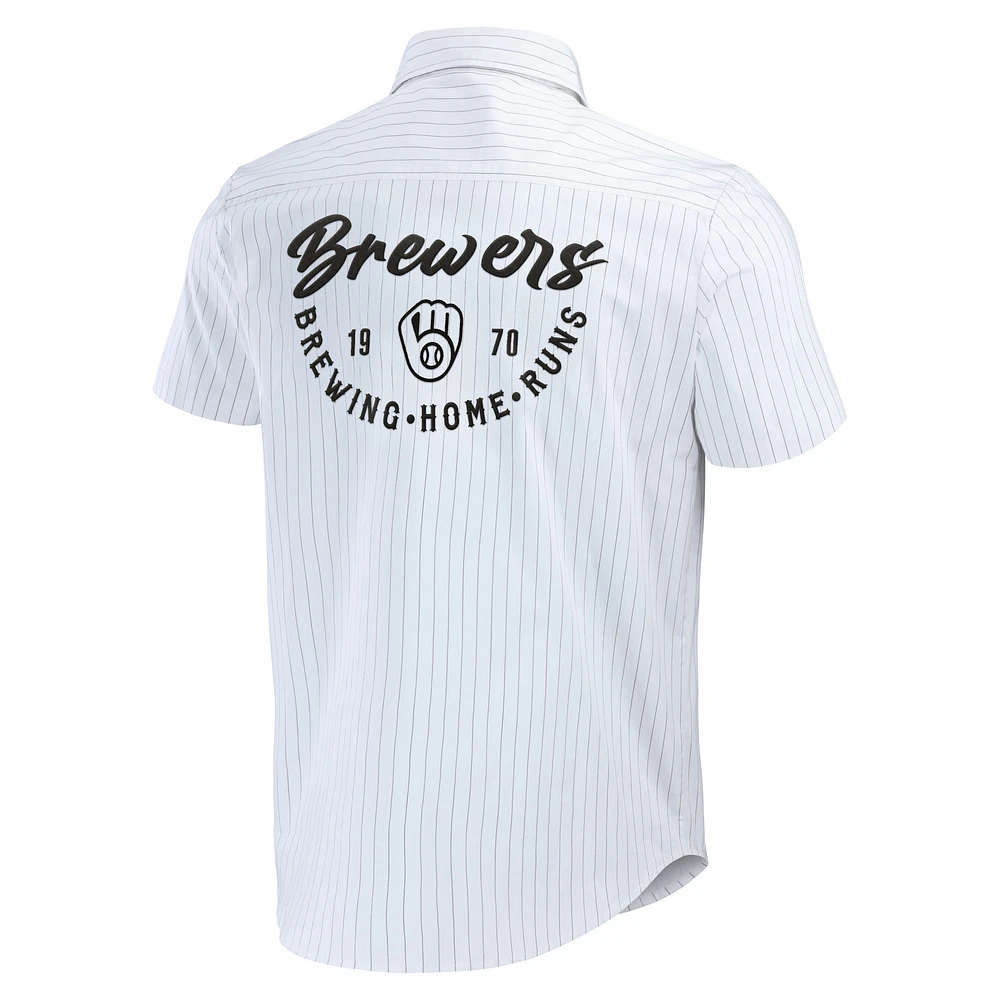 Men's Darius Rucker Collection by Fanatics White Milwaukee Brewers Pin Stripe Short Sleeve Button-Up Shirt