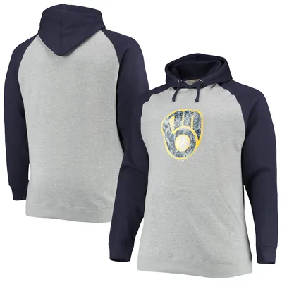 Milwaukee Brewers Fanatics Branded Big & Tall Raglan Pullover Hoodie - Heathered Gray/Navy