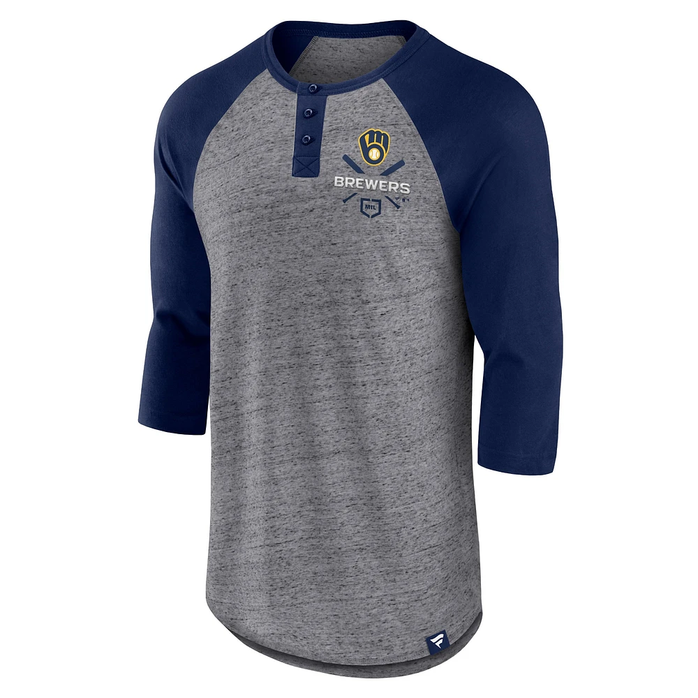 T-shirt à manches 3/4 raglan Henley fanatiques pour hommes, gris chiné/bleu marine, emblématique au-dessus de la chaleur