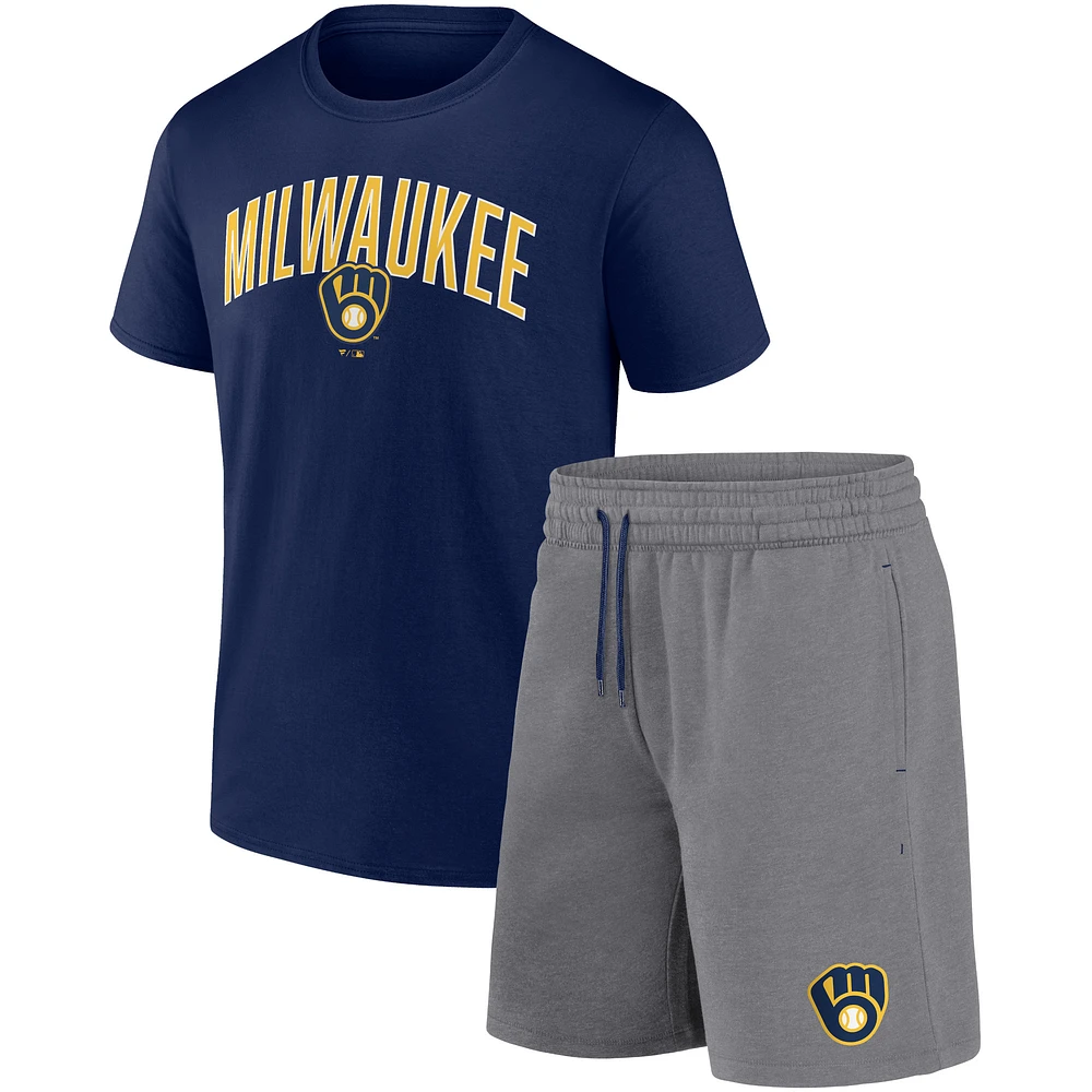 Men's Fanatics Navy/Heather Gray Milwaukee Brewers Arch T-Shirt & Shorts Combo Set