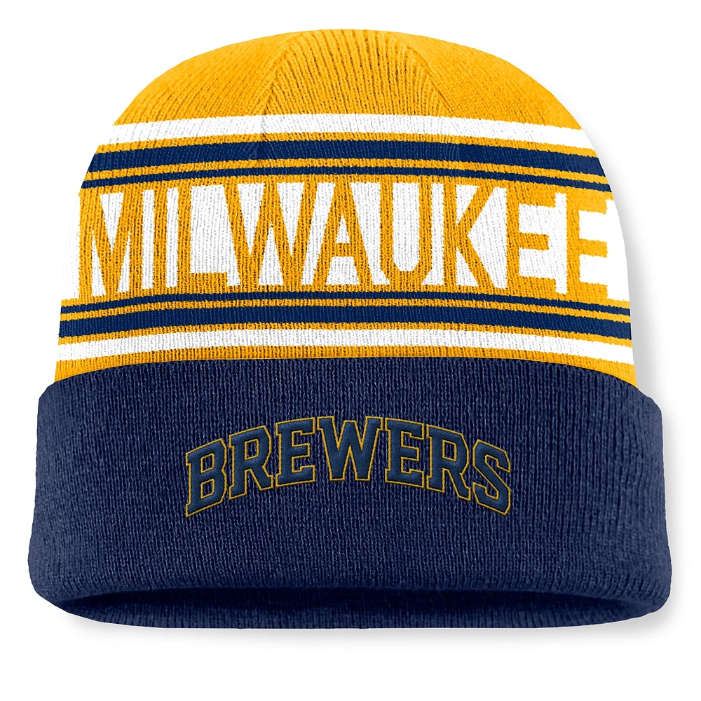 Men's Fanatics Navy Milwaukee Brewers Fundamental Team Stripe Cuffed Knit Hat