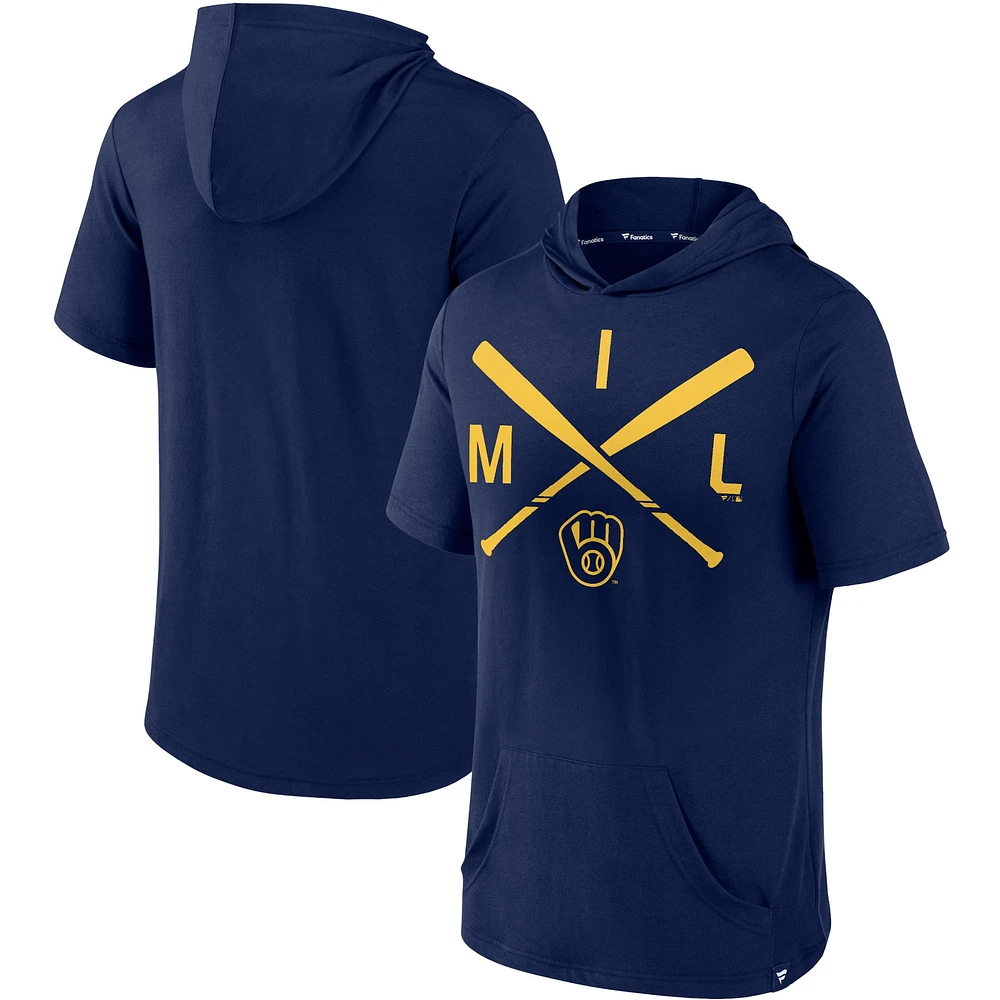 Men's Fanatics Navy Milwaukee Brewers Iconic Rebel Short Sleeve Hooded Top