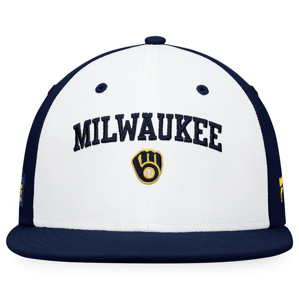 Men's Fanatics White/Navy Milwaukee Brewers Iconic Color Blocked Fitted Hat