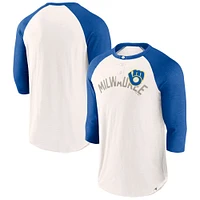 Men's Fanatics White/Royal Milwaukee Brewers Backdoor Slider Raglan 3/4-Sleeve T-Shirt