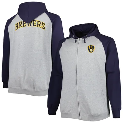 Milwaukee Brewers Big & Tall Raglan Hoodie Full-Zip Sweatshirt - Heather Gray/Navy