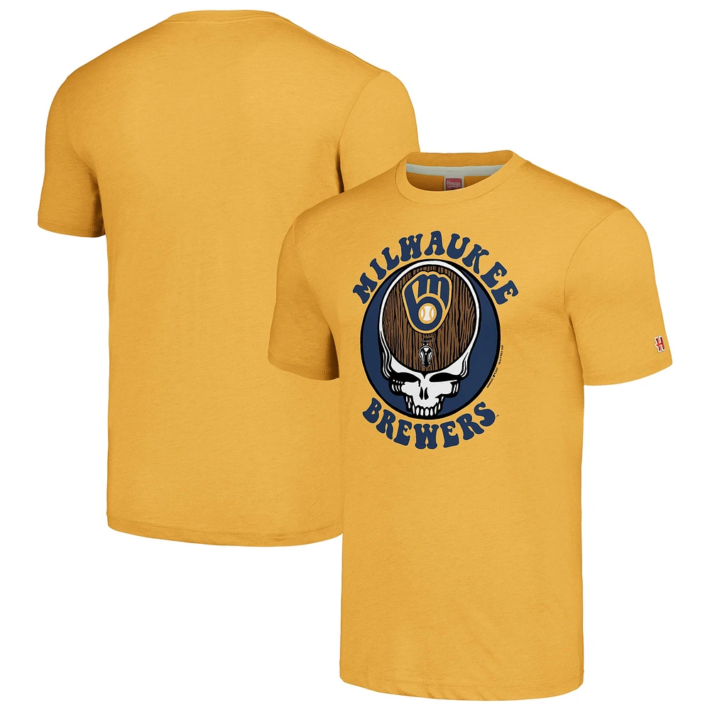 Men's Homage Gold Milwaukee Brewers Grateful Dead Tri-Blend T-Shirt