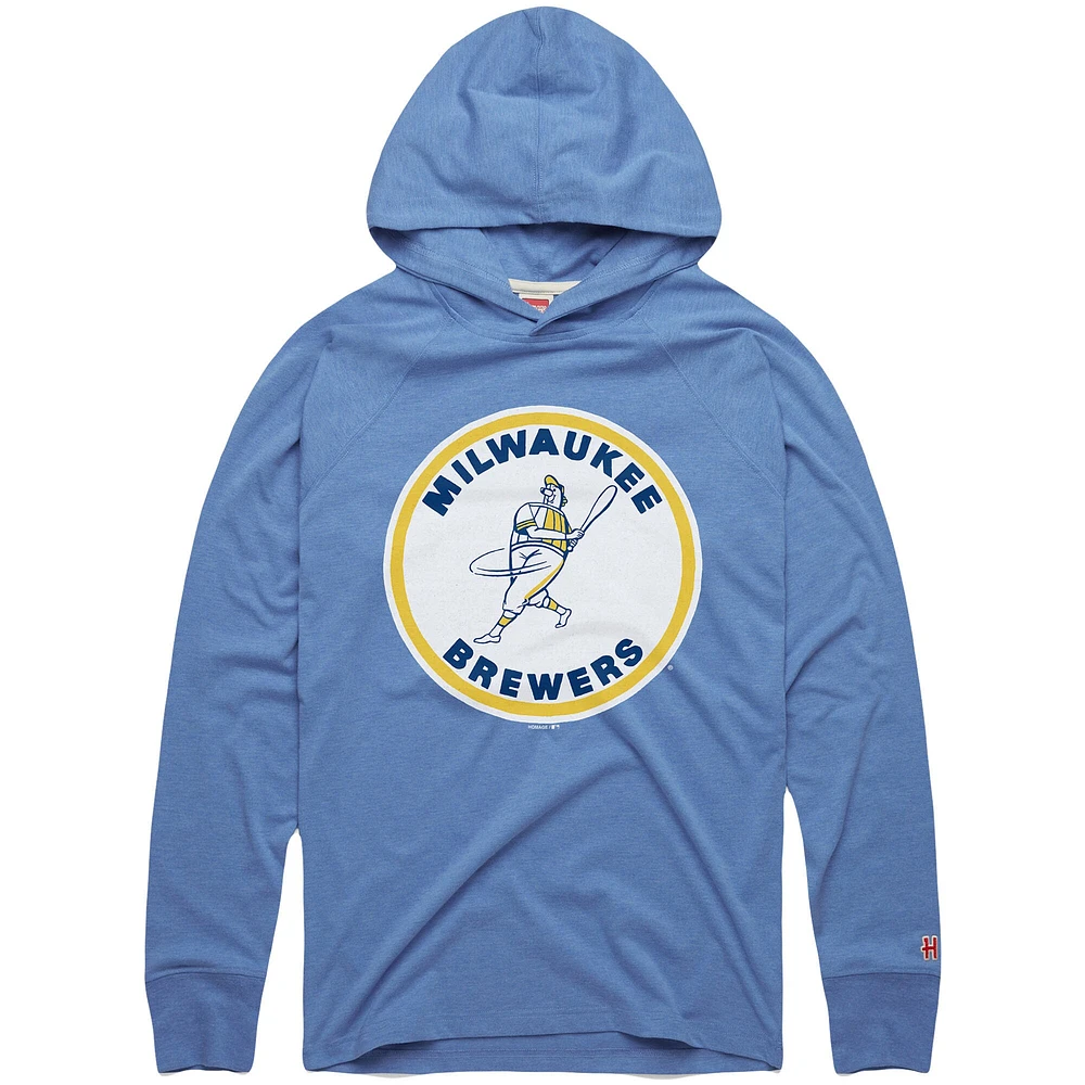 Men's Homage Powder Blue Milwaukee Brewers Lightweight Raglan Tri-Blend Pullover Hoodie