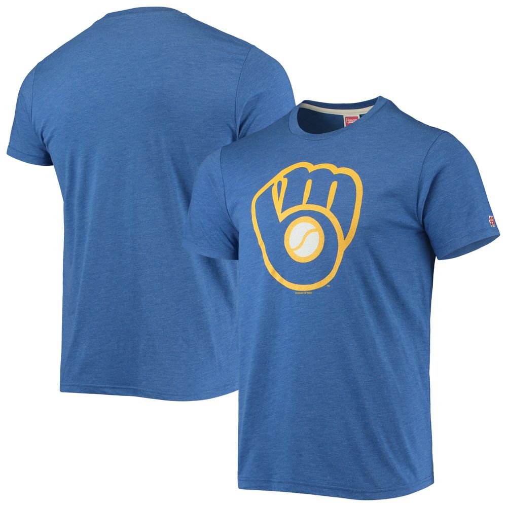 Men's Homage Royal Milwaukee Brewers Hand-Drawn Logo Tri-Blend T-Shirt