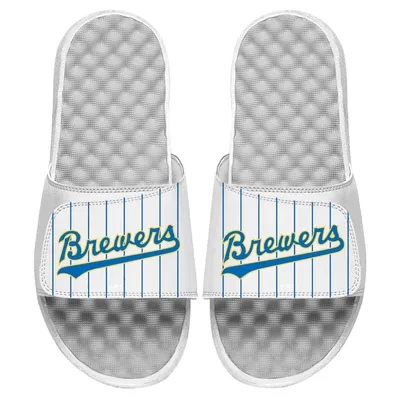 Milwaukee Brewers ISlide Cooperstown Pinstripe Logo Slide Sandals - White