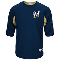 Maillot d'entraînement au bâton à manches 3/4 pour homme Majestic Navy/Gold Milwaukee Brewers Authentic Collection