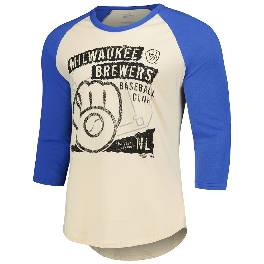 T-shirt raglan à manches 3/4 Majestic Threads crème/Royal Milwaukee Brewers pour hommes