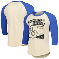 T-shirt raglan à manches 3/4 Majestic Threads crème/Royal Milwaukee Brewers pour hommes