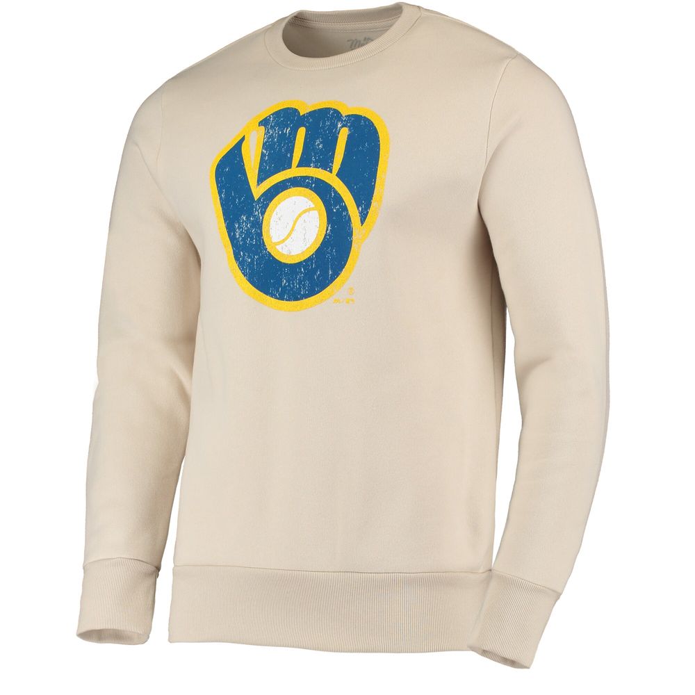 Men's Majestic Threads Oatmeal Milwaukee Brewers Fleece Pullover Sweatshirt