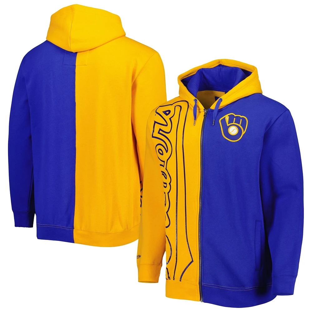 Sweat à capuche entièrement zippé en polaire Mitchell & Ness Gold/Royal Milwaukee Brewers pour homme