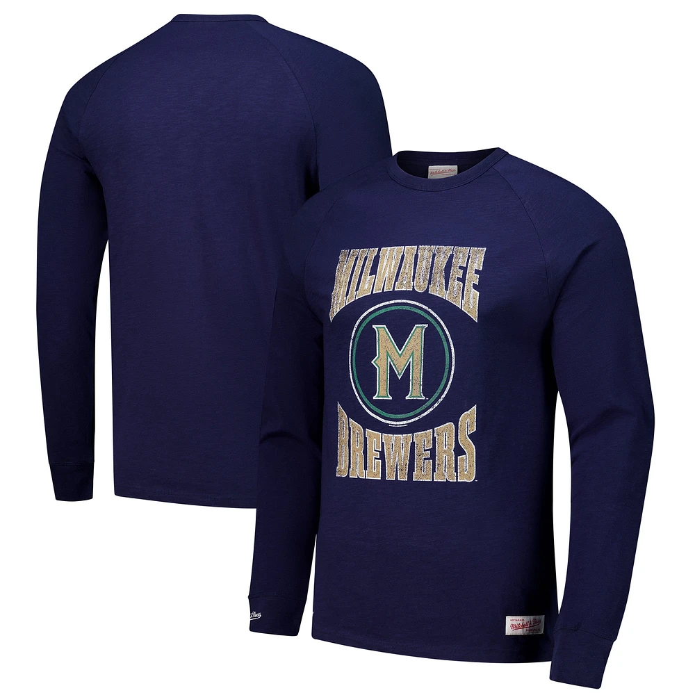 T-shirt à manches longues bleu marine Milwaukee Brewers Arched Logo Slub pour homme Mitchell & Ness